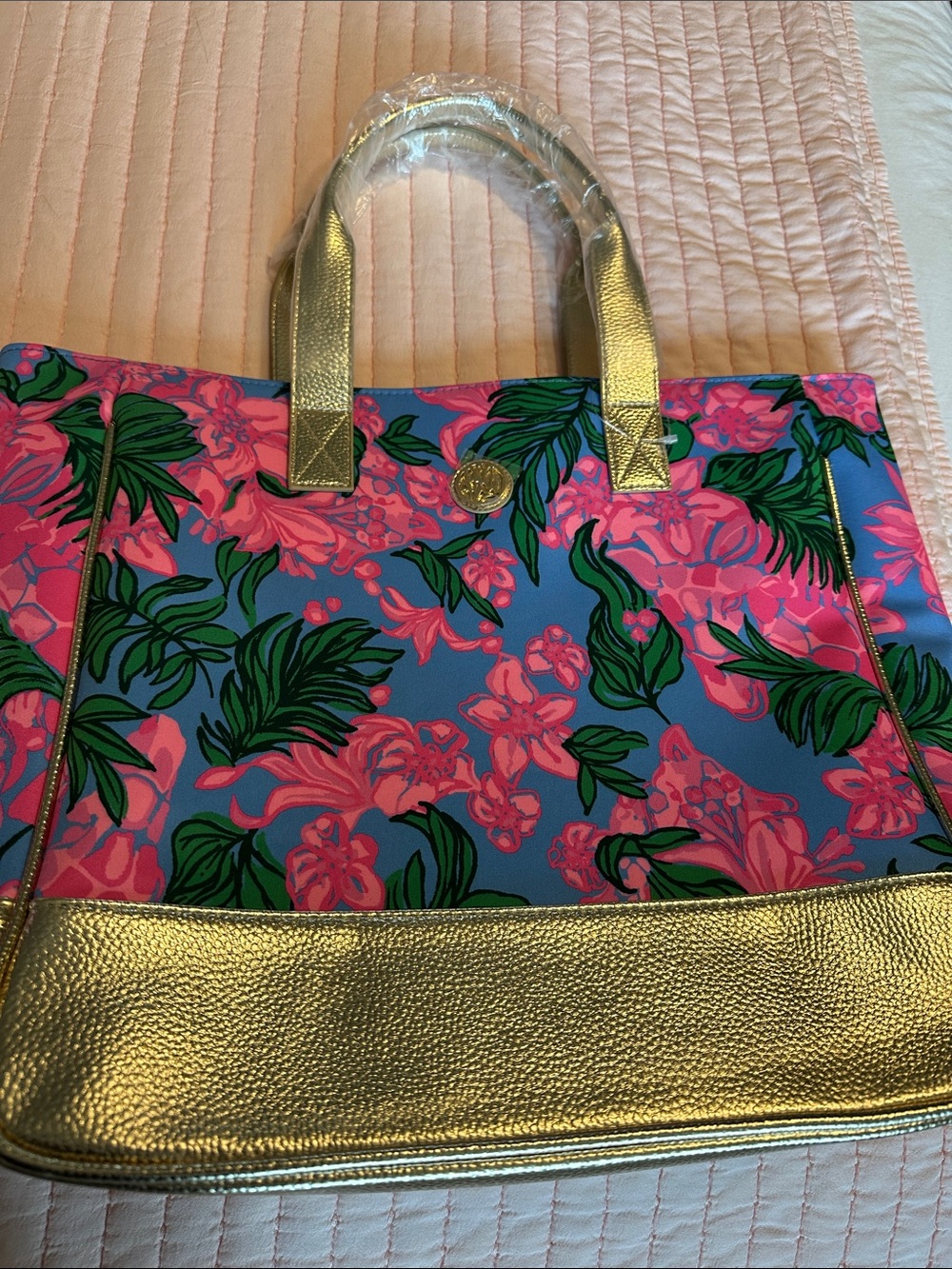 Lilly Pulitzer Gold-Trim Floral Tote Bag in Pink and Blue